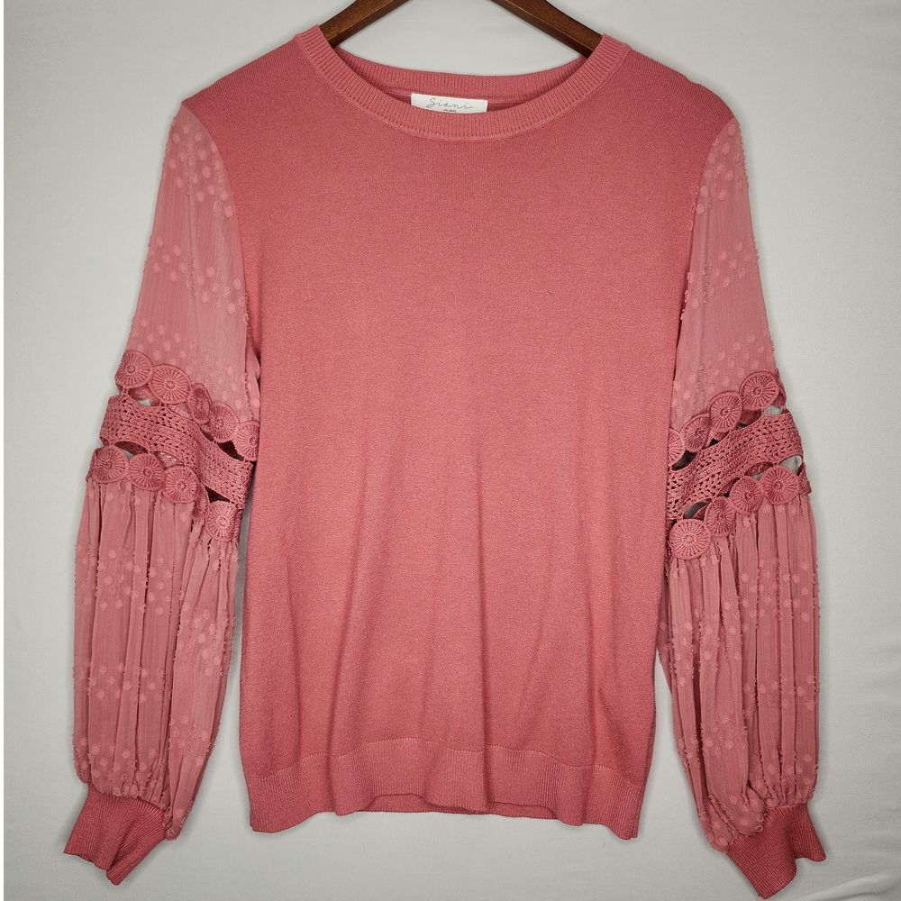 Sioni‎ Sweater Women Lace Bubble Sleeve Pink Coquette Crew Neck Med